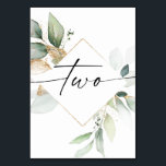 Watercolor Greenery and Gold Table Numbers Two<br><div class="desc">This table number design features an elegant arrangement of eucalyptus greenery and a minimal script font. Click the "Click to customise further" button to edit the script wording's colour and the background colour. See the entire collection for more matching items!</div>
