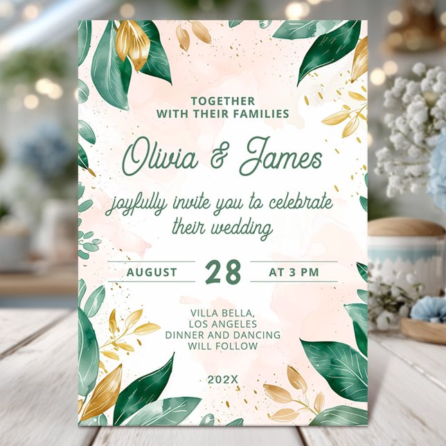 Watercolor Greenery and Gold Wedding Invitation (Creator Uploaded)