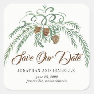 Watercolor Greenery and Pine Cones Save Our Date Square Sticker