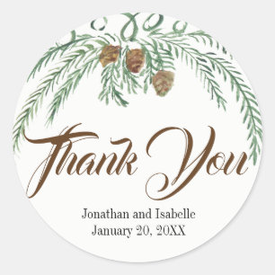 Watercolor Greenery and Pine Cones Thank You Classic Round Sticker