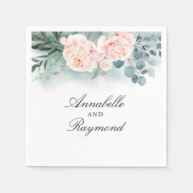 Watercolor Greenery and Pink Flowers Bouquet Chic Napkin (Front)