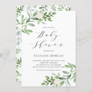 Watercolor Greenery and White Floral Baby Shower Invitation