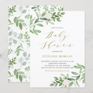 Watercolor Greenery and White Flowers Baby Shower Invitation