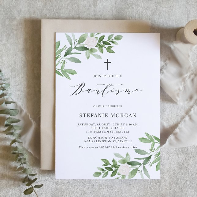 Watercolor Greenery and White Flowers Bautismo Invitation (Creator Uploaded)