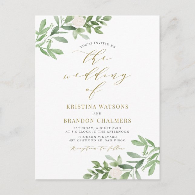Watercolor Greenery and White Flowers Gold Wedding Invitation Postcard (Front)