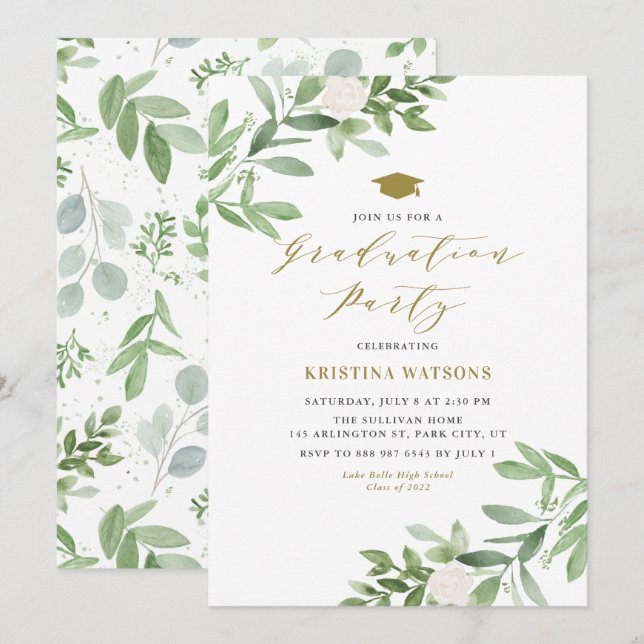 Watercolor Greenery and White Flowers Graduation Invitation (Front/Back)