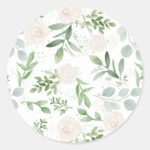Watercolor Greenery and White Flowers Pattern Classic Round Sticker