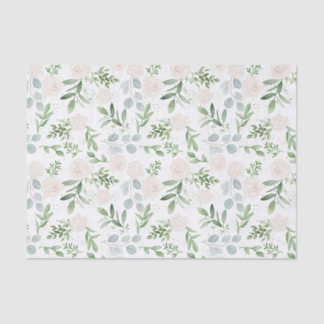 Watercolor Greenery and White Flowers Pattern Tissue Paper (Front)