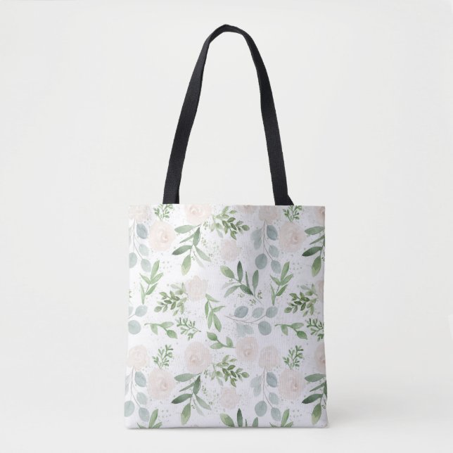 Watercolor Greenery and White Flowers Pattern Tote Bag (Front)
