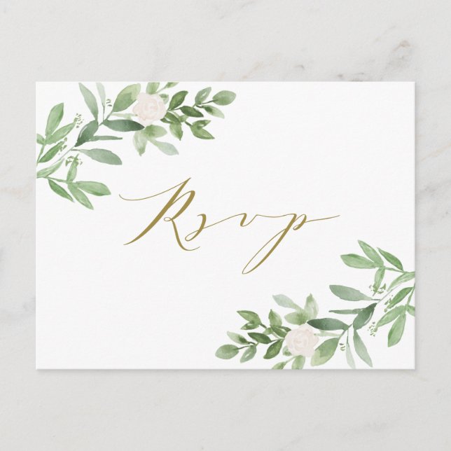 Watercolor Greenery and White Flowers RSVP Invitation Postcard (Front)