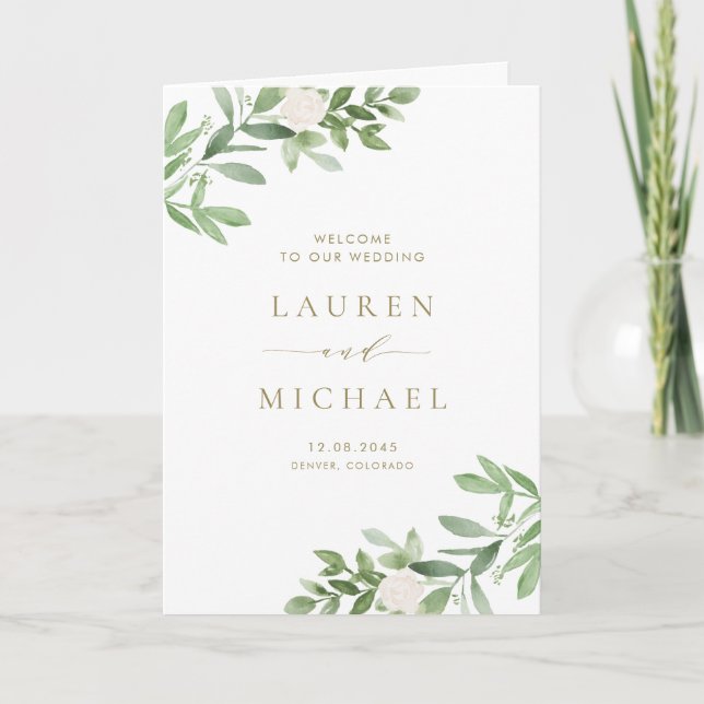 Watercolor Greenery and White Flowers Wedding Program (Front)