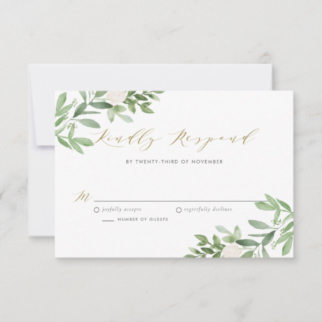 Watercolor Greenery and White Flowers Wedding RSVP Card (Front)