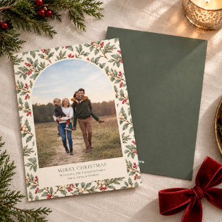 Watercolor Greenery Arch Christmas Photo Holiday Card