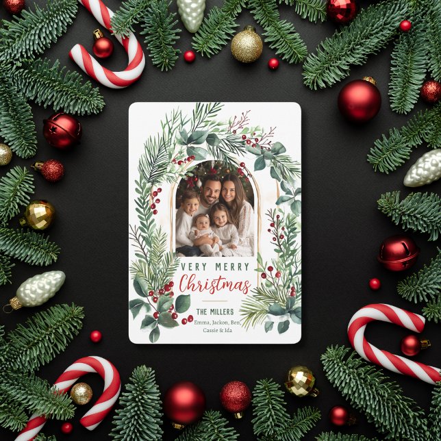Watercolor Greenery Arch Christmas Photo  Holiday Card (Creator Uploaded)