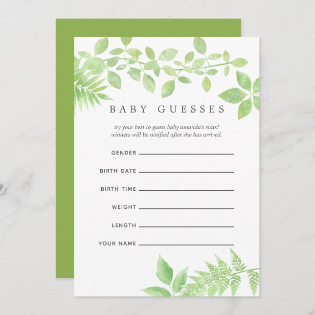 Watercolor Greenery Baby Shower Baby Guesses Invitation (Front/Back)