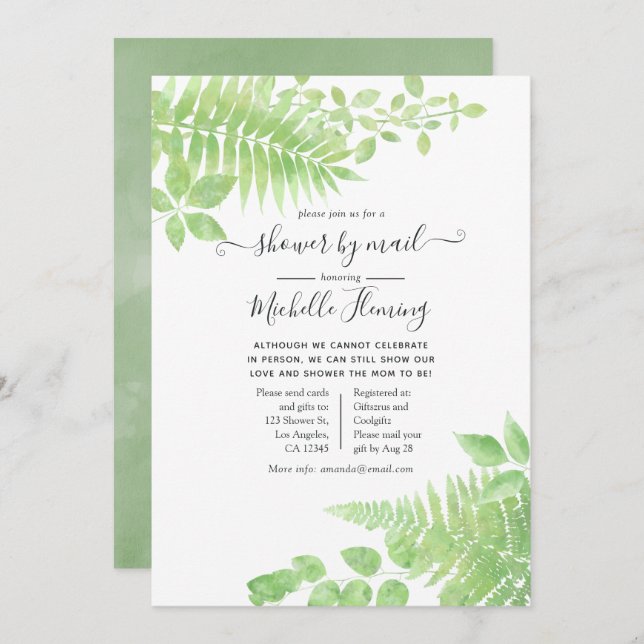Watercolor Greenery Baby Shower by Mail Invitation (Front/Back)