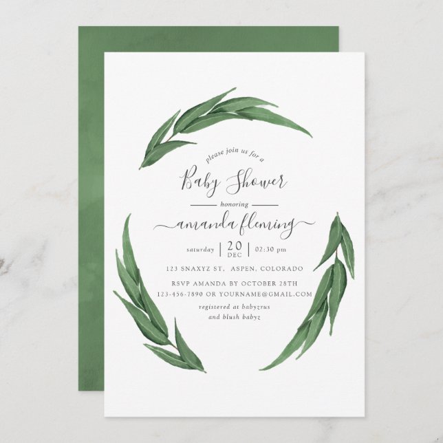 Watercolor Greenery Baby Shower Invitation (Front/Back)
