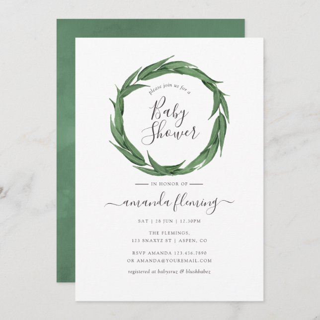 Watercolor Greenery Baby Shower Invitation (Front/Back)
