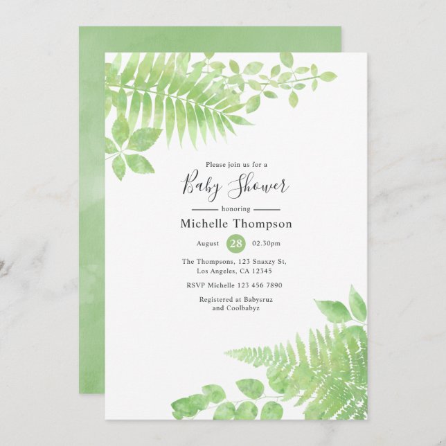 Watercolor Greenery Baby Shower Invitation (Front/Back)