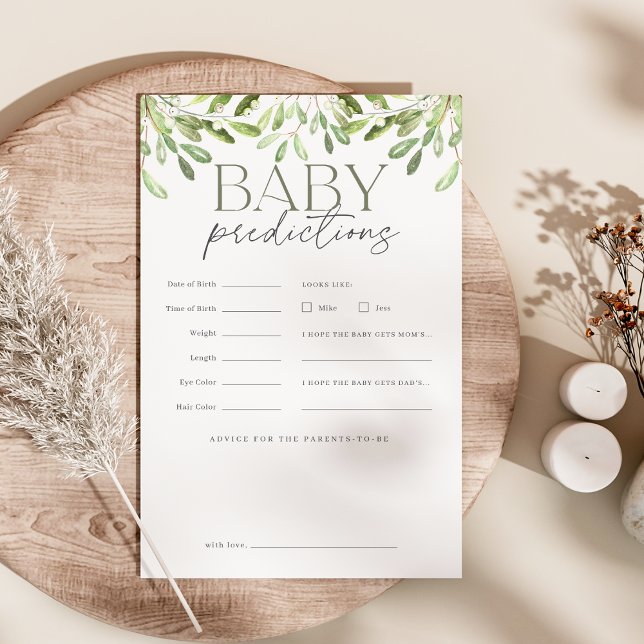 Watercolor Greenery Baby Shower Predictions Game Flyer (Creator Uploaded)