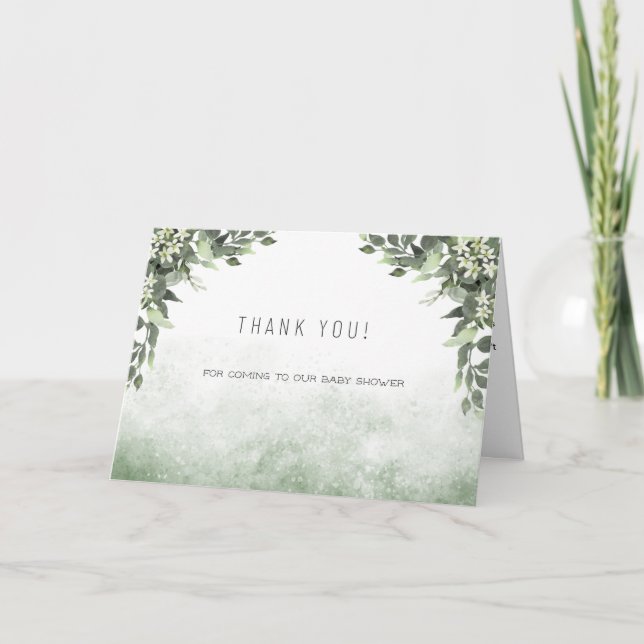 Watercolor Greenery Baby Shower Thank You Note Card (Front)
