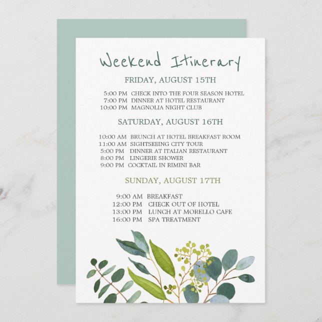 Watercolor greenery Bachelorette Weekend Itinerary Invitation (Front/Back)