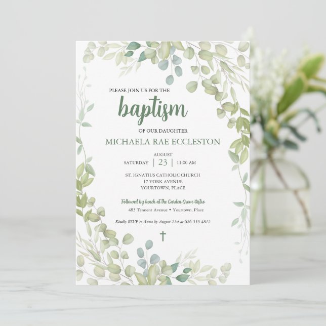 Watercolor Greenery Baptism Baby Invitation (Standing Front)