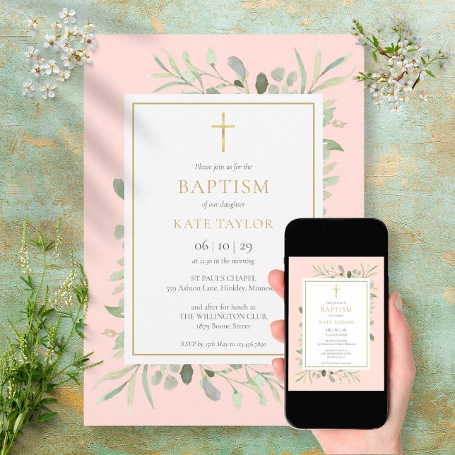 Watercolor Greenery Baptism Christening Blush Pink Invitation (Creator Uploaded)