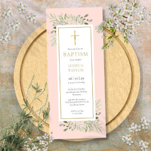 Watercolor Greenery Baptism Christening Blush Pink Invitation
