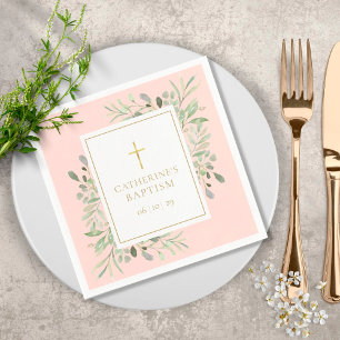 Watercolor Greenery Baptism Christening Blush Pink Napkin