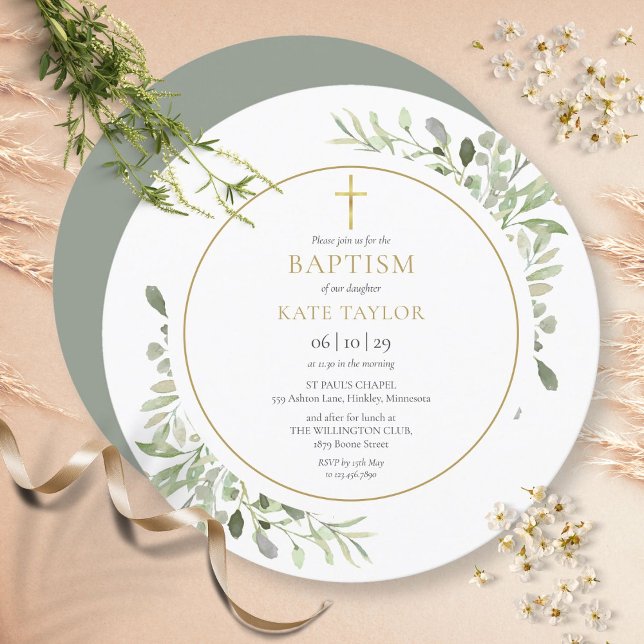 Watercolor Greenery Baptism Christening Circular Invitation (Creator Uploaded)