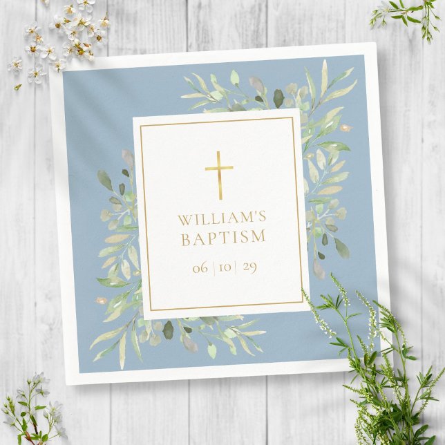 Watercolor Greenery Baptism Christening Dusty Blue Napkin (Creator Uploaded)