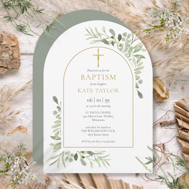 Watercolor Greenery Baptism Christening Gold Arch Invitation (Watercolor Greenery Baptism Christening Gold Arch Invitation)