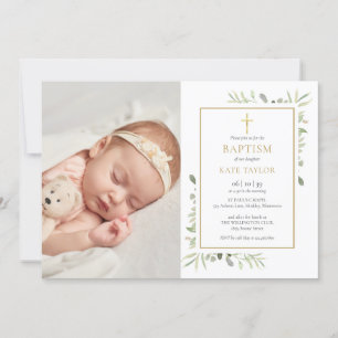 Watercolor Greenery Baptism Christening Photo Invitation