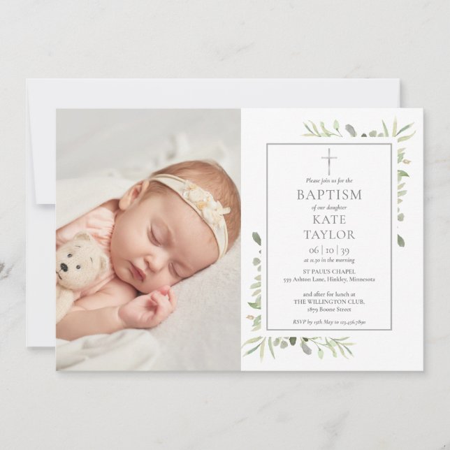 Watercolor Greenery Baptism Christening Photo Invitation (Front)