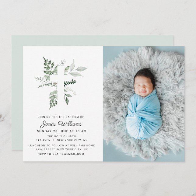 watercolor greenery Baptism photo invitation (Front/Back)