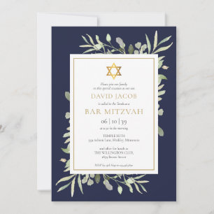 Watercolor Greenery Bar Mitzvah Navy Blue Invitation