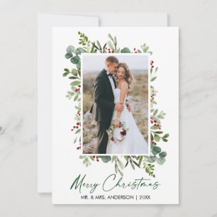 Watercolor Greenery Berries Calligraphy Green Ink Holiday Card