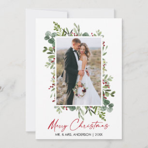 Watercolor Greenery Berries Calligraphy Red Ink Holiday Card