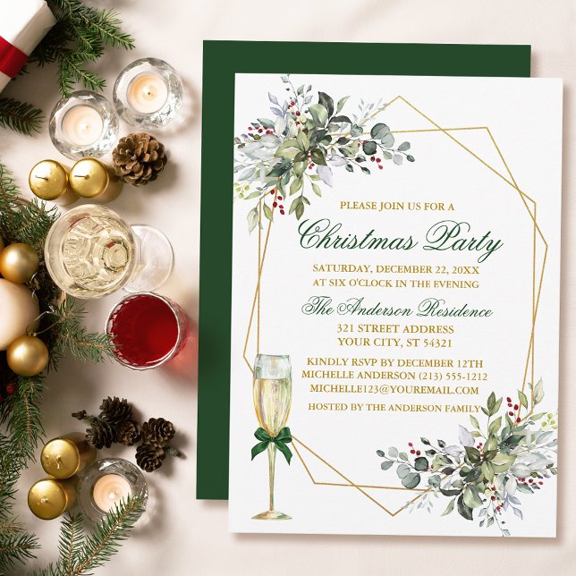 Watercolor Greenery Berries Christmas Gold Green Invitation (Customize to change text color, size, style or to change color of back of card.)