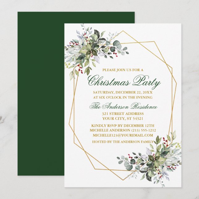 Watercolor Greenery Berries Christmas Green Gold Invitation (Front/Back)