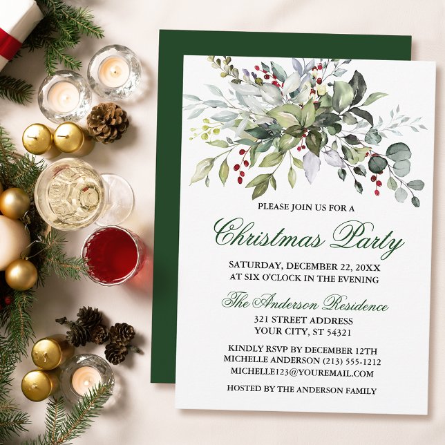 Watercolor Greenery Berries Christmas Party Invitation (Customize to change text color, size, style or to change color of back of card.)
