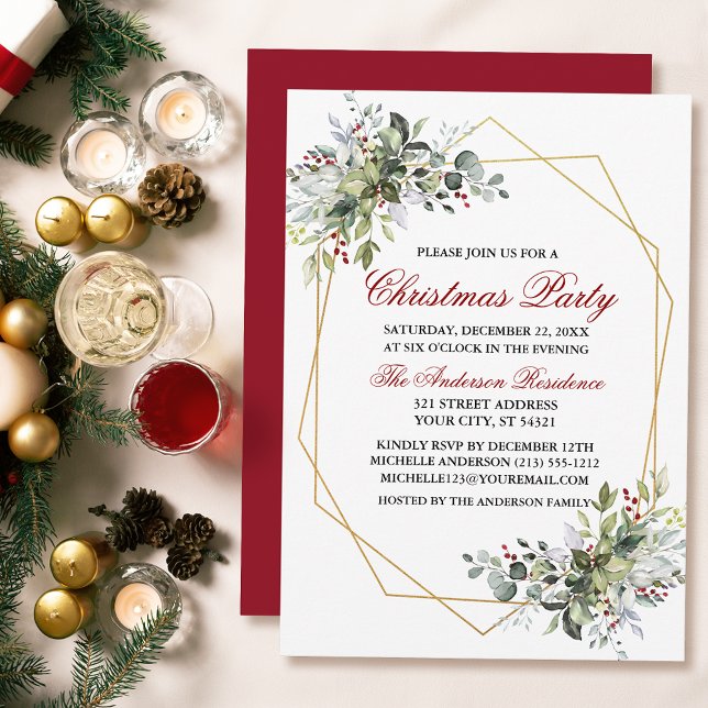 Watercolor Greenery Berries Christmas Party Red Invitation (Customize to change text color, size, style or to change color of back of card.)