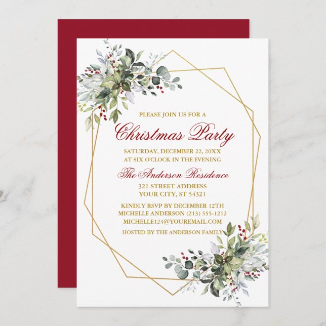 Watercolor Greenery Berries Christmas Red Gold Invitation (Front/Back)