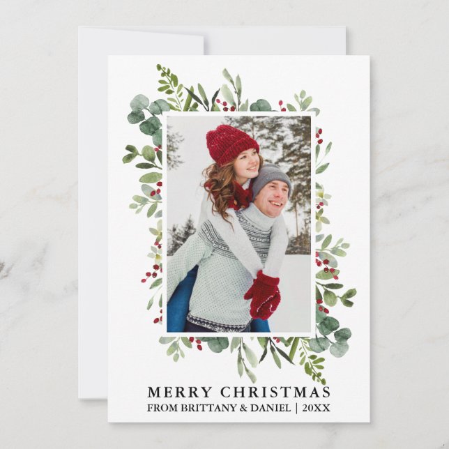 Watercolor Greenery Berries Couple Christmas Holiday Card (Front)