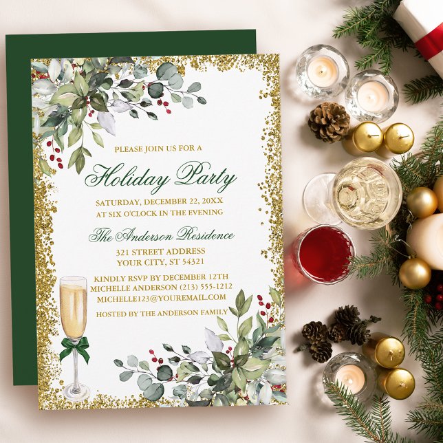 Watercolor Greenery Berries Glitter Holiday Party Invitation (Customize to change text color, size, style or to change color of back of card.)