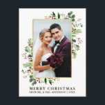 Watercolor Greenery Berries Gold Christmas Postcard<br><div class="desc">Elegant Watercolor Winter Greenery Merry Christmas Wedding Photo Newlywed Holiday Postcard includes eucalyptus leaves and red holly berries. Gold Frame.</div>