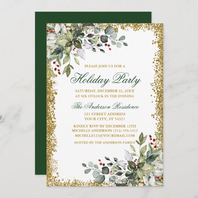 Watercolor Greenery Berries Gold Glitter Holiday  Invitation (Front/Back)