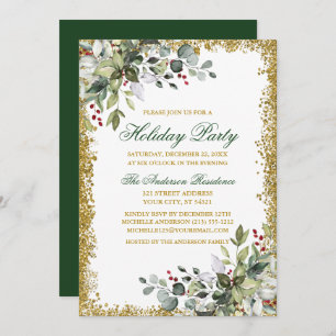 Watercolor Greenery Berries Gold Glitter Holiday Invitation
