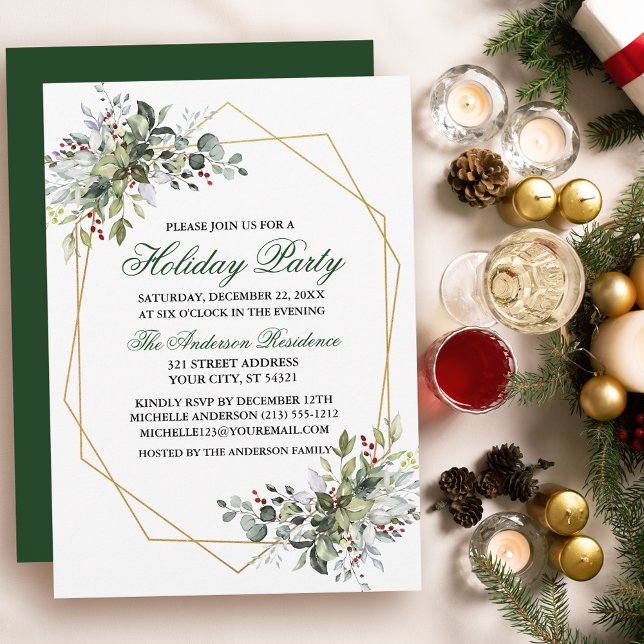 Watercolor Greenery Berries Gold Holiday Party Invitation (Customize to change text color, size, style or to change color of back of card.)